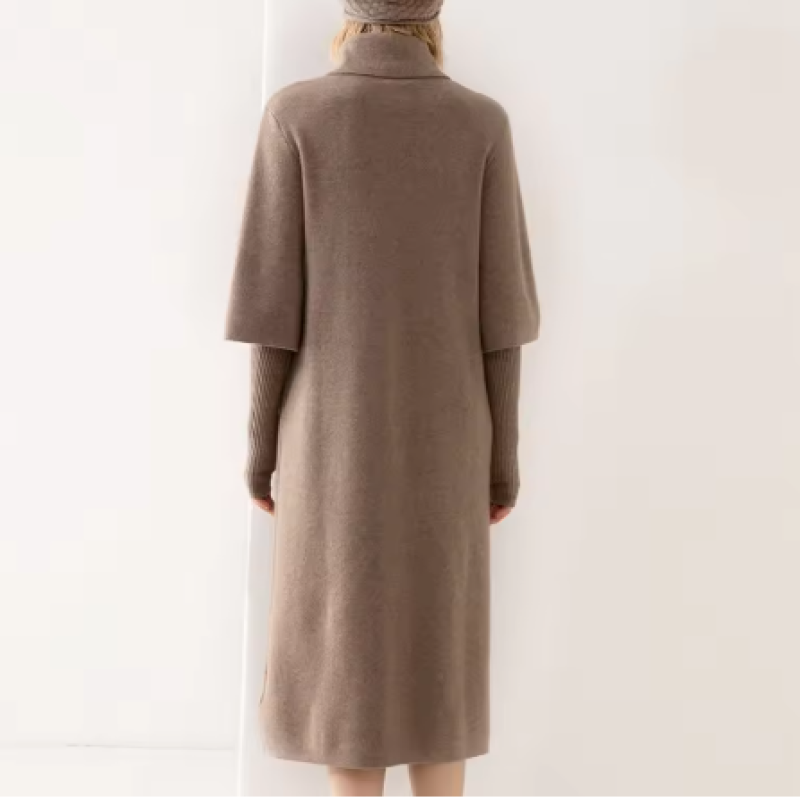 Women's high-end brand cashmere dress, thick five-sleeve lapel long dress for autumn and winter, polo collar mid-sleeve dress